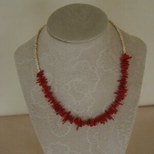 Red Coral Chip necklace with Puka Beads B-216